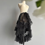 FOESCE Gothic Lolita Lace Mesh Ruffles Fairy Princess Party Skirt Women Asymmetrical Cute Curtain Sheer Cover Up Thin Long Skirt White