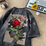 FOESCE Gothic Washed Tshirts Rose Printed Streetwear Men T-shirt O-neck Oversized Korean Short Sleeve Tops Harajuku Casual Male Tee