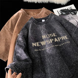 FOESCE Gothic Washed Tshirts Rose Printed Streetwear Men T-shirt O-neck Oversized Korean Short Sleeve Tops Harajuku Casual Male Tee