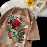 FOESCE Gothic Washed Tshirts Rose Printed Streetwear Men T-shirt O-neck Oversized Korean Short Sleeve Tops Harajuku Casual Male Tee