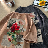 FOESCE Gothic Washed Tshirts Rose Printed Streetwear Men T-shirt O-neck Oversized Korean Short Sleeve Tops Harajuku Casual Male Tee