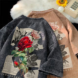 FOESCE Gothic Washed Tshirts Rose Printed Streetwear Men T-shirt O-neck Oversized Korean Short Sleeve Tops Harajuku Casual Male Tee