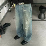 FOESCE Graffiti Ink Splashing Mud Dyed Baggy Jeans for Men and Women Washed Streetwear Loose Casual Denim Trousers Oversized Cargos