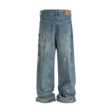FOESCE Graffiti Ink Splashing Mud Dyed Baggy Jeans for Men and Women Washed Streetwear Loose Casual Denim Trousers Oversized Cargos