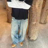 FOESCE Graffiti Ink Splashing Mud Dyed Baggy Jeans for Men and Women Washed Streetwear Loose Casual Denim Trousers Oversized Cargos