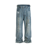 FOESCE Graffiti Ink Splashing Mud Dyed Baggy Jeans for Men and Women Washed Streetwear Loose Casual Denim Trousers Oversized Cargos