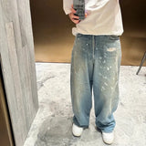 FOESCE Graffiti Ink Splashing Mud Dyed Baggy Jeans for Men and Women Washed Streetwear Loose Casual Denim Trousers Oversized Cargos