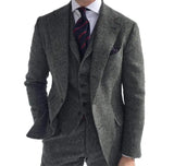 FOESCE Gray Wool Tweed Winter Suit for Men Herringbone Slim Fit Formal Groom Tuxedo 3 Piece Wedding Male Suits (Jacket+Vest+Pants)