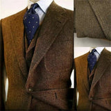FOESCE Gray Wool Tweed Winter Suit for Men Herringbone Slim Fit Formal Groom Tuxedo 3 Piece Wedding Male Suits (Jacket+Vest+Pants)