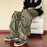 FOESCE Green Cargo Pants Men Oversize Zipper Black Cargo Trousers Male Streetwear Hip Hop Pocket Spring Loose Casual Workwear