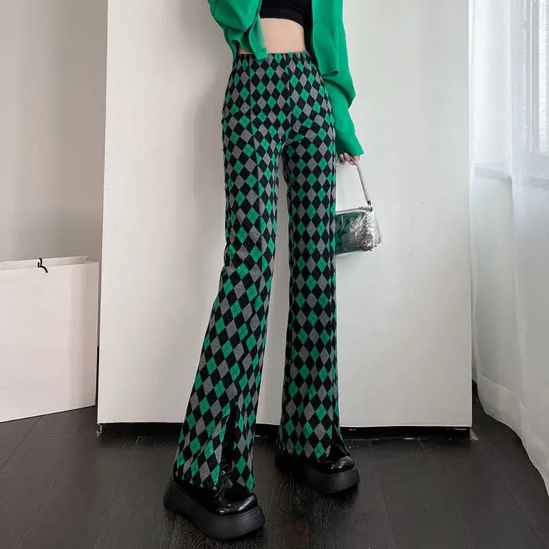 FOESCE Green Plaid Ladies Bell Pants Checked Korean Flared Trousers for Women Vintage Flare Leggings Leg Slit Fluid Elasticity Sexy Hot