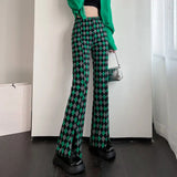 FOESCE Green Plaid Ladies Bell Pants Checked Korean Flared Trousers for Women Vintage Flare Leggings Leg Slit Fluid Elasticity Sexy Hot