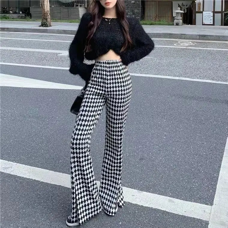 FOESCE Green Plaid Ladies Bell Pants Checked Korean Flared Trousers for Women Vintage Flare Leggings Leg Slit Fluid Elasticity Sexy Hot