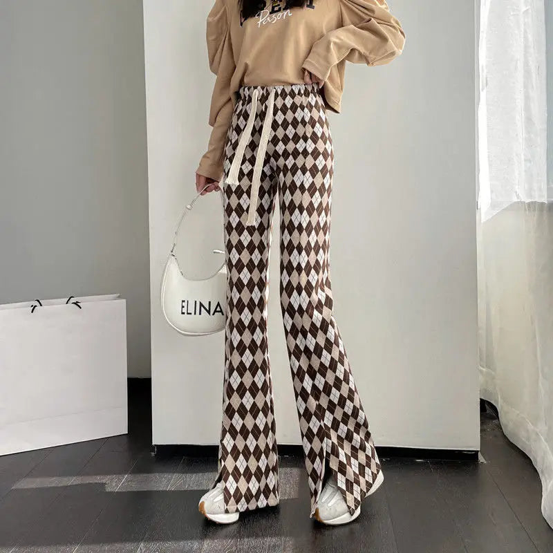 FOESCE Green Plaid Ladies Bell Pants Checked Korean Flared Trousers for Women Vintage Flare Leggings Leg Slit Fluid Elasticity Sexy Hot