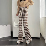 FOESCE Green Plaid Ladies Bell Pants Checked Korean Flared Trousers for Women Vintage Flare Leggings Leg Slit Fluid Elasticity Sexy Hot
