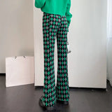 FOESCE Green Plaid Ladies Bell Pants Checked Korean Flared Trousers for Women Vintage Flare Leggings Leg Slit Fluid Elasticity Sexy Hot