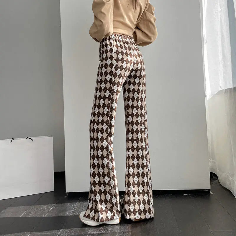 FOESCE Green Plaid Ladies Bell Pants Checked Korean Flared Trousers for Women Vintage Flare Leggings Leg Slit Fluid Elasticity Sexy Hot
