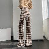 FOESCE Green Plaid Ladies Bell Pants Checked Korean Flared Trousers for Women Vintage Flare Leggings Leg Slit Fluid Elasticity Sexy Hot
