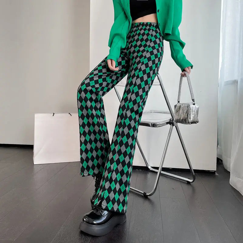FOESCE Green Plaid Ladies Bell Pants Checked Korean Flared Trousers for Women Vintage Flare Leggings Leg Slit Fluid Elasticity Sexy Hot