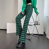 FOESCE Green Plaid Ladies Bell Pants Checked Korean Flared Trousers for Women Vintage Flare Leggings Leg Slit Fluid Elasticity Sexy Hot