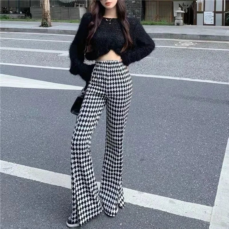 FOESCE Green Plaid Ladies Bell Pants Checked Korean Flared Trousers for Women Vintage Flare Leggings Leg Slit Fluid Elasticity Sexy Hot