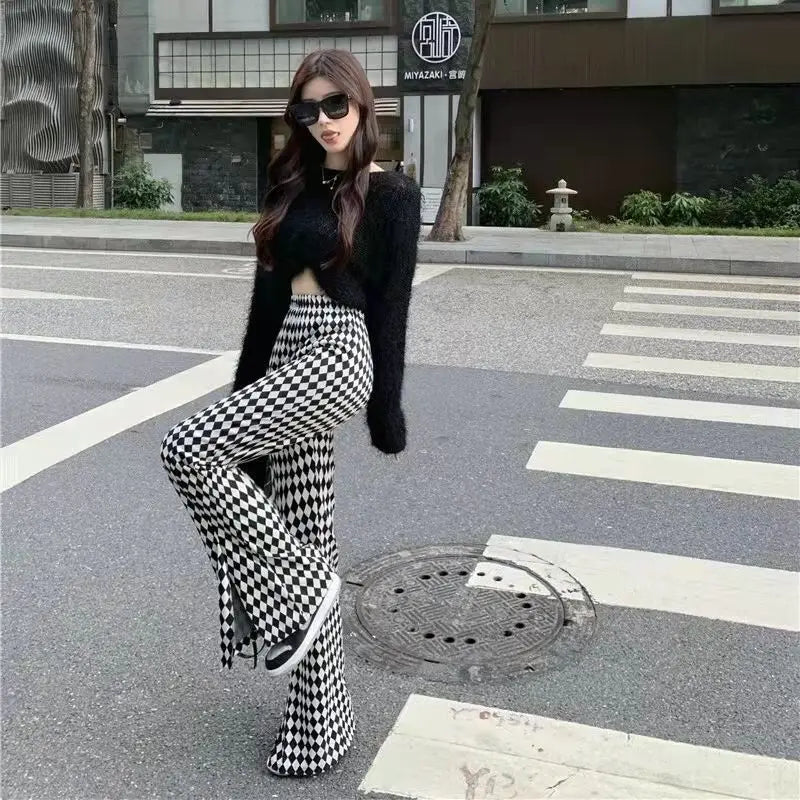 FOESCE Green Plaid Ladies Bell Pants Checked Korean Flared Trousers for Women Vintage Flare Leggings Leg Slit Fluid Elasticity Sexy Hot