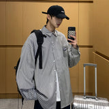 FOESCE Korean style casual Hawaiian shirt on long sleeve striped fashion streetwear shirts hombre shirt db60sh men's clothes 2025