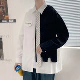 FOESCE Fake two piece splicing casual shirt men's loose student versatile fashion handsome college style long sleeve shirt autumn New