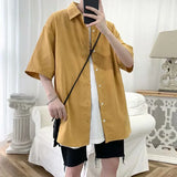 FOESCE Summer loose short sleeve shirt Korean solid color 5 / 5 sleeve shirt student fashionable and handsome inch coat shirts