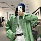 FOESCE Korean style casual Hawaiian shirt on long sleeve striped fashion streetwear shirts hombre shirt db60sh men's clothes 2025
