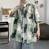 FOESCE Summer Short Sleeve Shirt Men's half Sleeve inch Shirt trend cat print student loose casual Shirt trend shirts