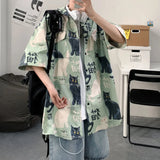 FOESCE Summer Short Sleeve Shirt Men's half Sleeve inch Shirt trend cat print student loose casual Shirt trend shirts