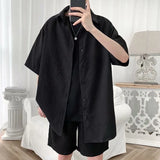 FOESCE Summer loose short sleeve shirt Korean solid color 5 / 5 sleeve shirt student fashionable and handsome inch coat shirts