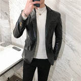 FOESCE Blazer Hombre PU Leather Jackets Men Fashion Solid Slim Fit One Button Business Casual Blazers For Men Korean style Suit Jacket