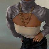 FOESCE Women Sexy Turtleneck Long Puff Sleeve Knitted Sweater Arm Warmers Backless Knitwear Pullover Crop Top