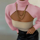FOESCE Women Sexy Turtleneck Long Puff Sleeve Knitted Sweater Arm Warmers Backless Knitwear Pullover Crop Top