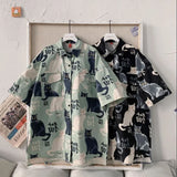 FOESCE Summer Short Sleeve Shirt Men's half Sleeve inch Shirt trend cat print student loose casual Shirt trend shirts