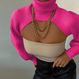 FOESCE Women Sexy Turtleneck Long Puff Sleeve Knitted Sweater Arm Warmers Backless Knitwear Pullover Crop Top