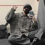 FOESCE Ootdstudio Korean ins versatile Plaid loose oversize long sleeve shirt for men and camisa masculina gray shirts 2025