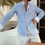 FOESCE Men's Hawaiian Patchwork Striped Long Sleeve Shirts Fashion Casual Stand Collar Vacation Quick Dry Streetwear Leisure Blouse