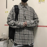 FOESCE Ootdstudio Korean ins versatile Plaid loose oversize long sleeve shirt for men and camisa masculina gray shirts 2025