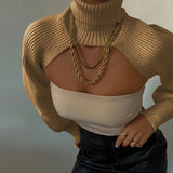 FOESCE Women Sexy Turtleneck Long Puff Sleeve Knitted Sweater Arm Warmers Backless Knitwear Pullover Crop Top