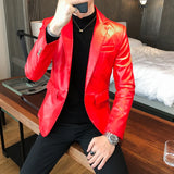 FOESCE Blazer Hombre PU Leather Jackets Men Fashion Solid Slim Fit One Button Business Casual Blazers For Men Korean style Suit Jacket