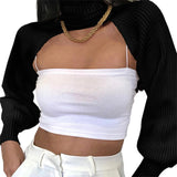 FOESCE Women Sexy Turtleneck Long Puff Sleeve Knitted Sweater Arm Warmers Backless Knitwear Pullover Crop Top