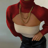 FOESCE Women Sexy Turtleneck Long Puff Sleeve Knitted Sweater Arm Warmers Backless Knitwear Pullover Crop Top