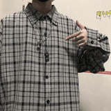 FOESCE Ootdstudio Korean ins versatile Plaid loose oversize long sleeve shirt for men and camisa masculina gray shirts 2025