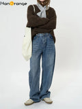 FOESCE HanOrange 2025 Early Spring Loose Straight Jeans Women Cotton Denim Pants Blue