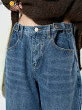 FOESCE HanOrange 2025 Early Spring Loose Straight Jeans Women Cotton Denim Pants Blue