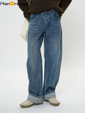 FOESCE HanOrange 2025 Early Spring Loose Straight Jeans Women Cotton Denim Pants Blue