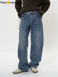 FOESCE HanOrange 2025 Early Spring Loose Straight Jeans Women Cotton Denim Pants Blue